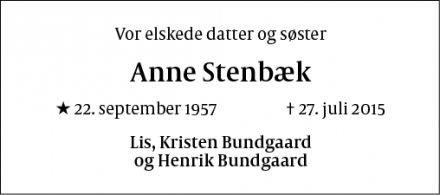 Dødsannoncen for Anne Stenbæk - Vordingborg