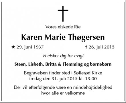 Dødsannoncen for Karen Marie Thøgersen - Søllerød