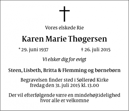 Dødsannoncen for Karen Marie Thøgersen - Søllerød