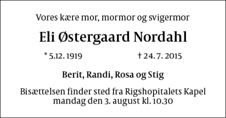 Dødsannoncen for Eli Østergaard Nordahl - København V