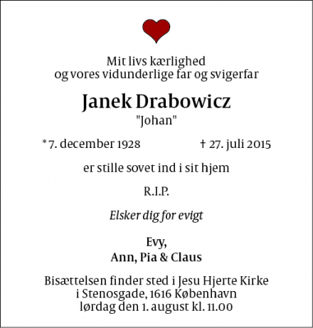 Dødsannoncen for Janek Drabowicz - København