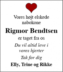 Dødsannoncen for Rigmor Bendtsen  - Rønne