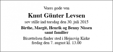 Dødsannoncen for Knut Gunter Levsen - Hejnsvig