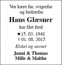 Dødsannoncen for Hans Glæsner - Allinge (tidl. Tårnby)