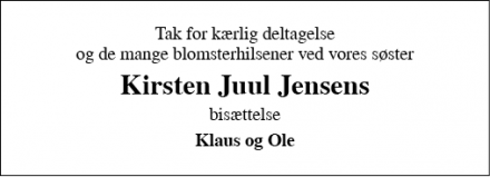 Dødsannoncen for Kirsten Juul Jensen - Viborg