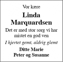 Dødsannoncen for Linda Marquardsen - Sønderborg