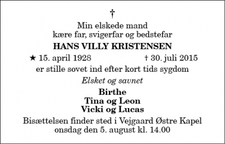 Dødsannoncen for Hans Villy Kristensen - Vodskov 
