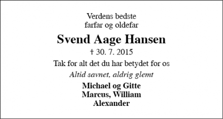 Dødsannoncen for Svend Aage Hansen - fredericia