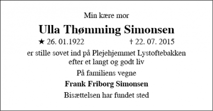 Dødsannoncen for Ulla Thømming Simonsen - Lyngby