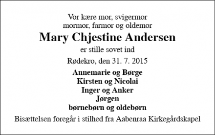 Dødsannoncen for Mary Chjestine Andersen - 6230 Rødekro