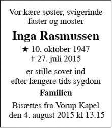 Dødsannoncen for Inga Rasmussen - Randers