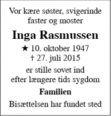 Dødsannoncen for Inga Rasmussen - Randers