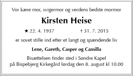 Dødsannoncen for Kirsten Heise - Udsholt, 3230 Græsted