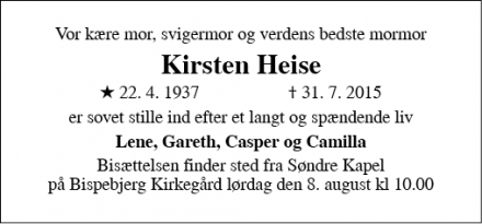 Dødsannoncen for Kirsten Heise - Udsholt, 3230 Græsted