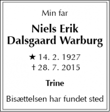 Dødsannoncen for Niels Erik Dalsgaard Warburg - Østbirk