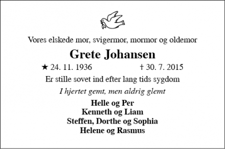 Dødsannoncen for Grete Johansen - Spodsbjerg