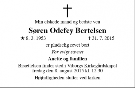 Dødsannoncen for Søren Odefey Bertelsen - Viborg