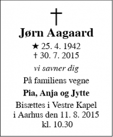 Dødsannoncen for Jørn Aagaard - Tranbjerg J