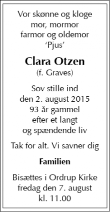 Dødsannoncen for Clara Otzen - Charlottenlund