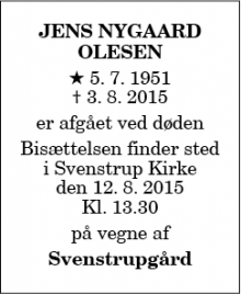 Dødsannoncen for Jens Nygaard Olesen - Svenstrup