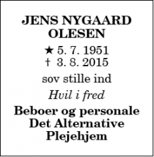 Dødsannoncen for Jens Nygaard Olesen - Svenstrup