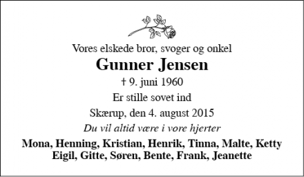 Dødsannoncen for Gunner Jensen - SKÆRUP