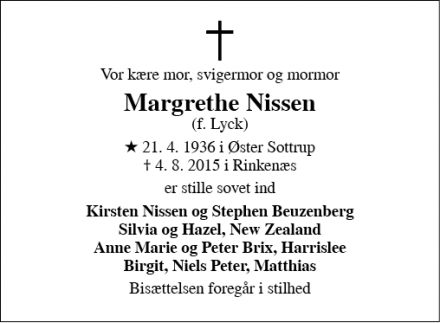 Dødsannoncen for Margrethe Nissen - Rinkenæs