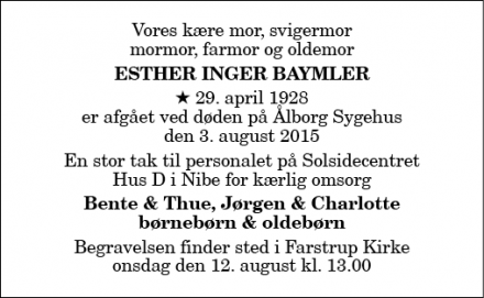 Dødsannoncen for Esther Inger Baymler - Frederikshavn