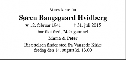 Dødsannoncen for Søren Bangsgaard Hvidberg - Gentofte