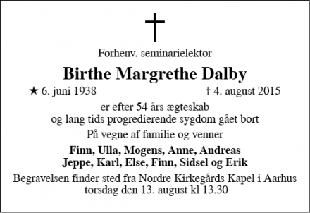 Dødsannoncen for Birthe Margrethe Dalby - Klokkervej 14, 8210 Aarhus V