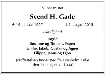 Dødsannoncen for Svend H. Gade - Hørsholm