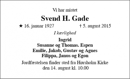 Dødsannoncen for Svend H. Gade - Hørsholm