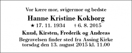Dødsannoncen for Hanne Kristine Kokborg - Kibæk