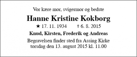 Dødsannoncen for Hanne Kristine Kokborg - Kibæk