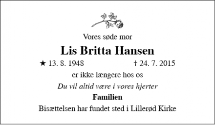 Dødsannoncen for Lis Britta Hansen - Allerød