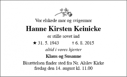 Dødsannoncen for Hanne Kirsten Keinicke - Nr. Alslev