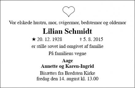 Dødsannoncen for Lilian Schmidt - Bredsten