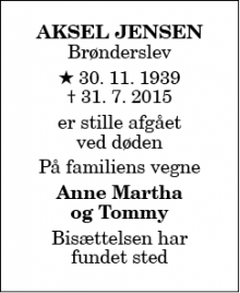 Dødsannoncen for Aksel Jensen Brønderslev - Brønderslev