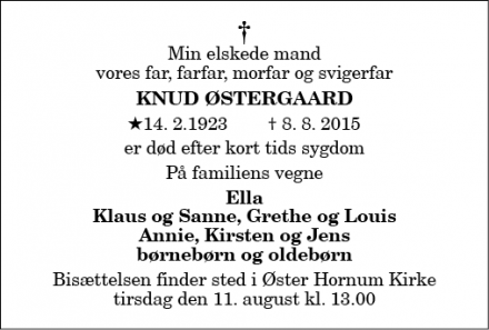 Dødsannoncen for Knud Østergaard - Støvring