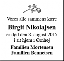 Dødsannoncen for Birgit Nikolajsen - Ørnhøj
