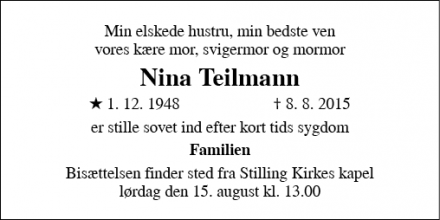 Dødsannoncen for Nina Teilmann - Stilling ved Skanderborg