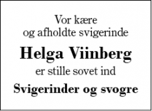 Dødsannoncen for Helga Viinberg - Herning