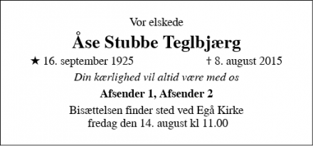 Dødsannoncen for Åse Stubbe Teglbjærg - København