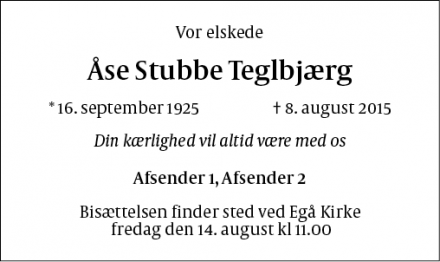 Dødsannoncen for Åse Stubbe Teglbjærg - København