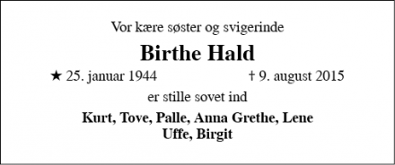 Dødsannoncen for Birthe Hald - Skanderborg 
