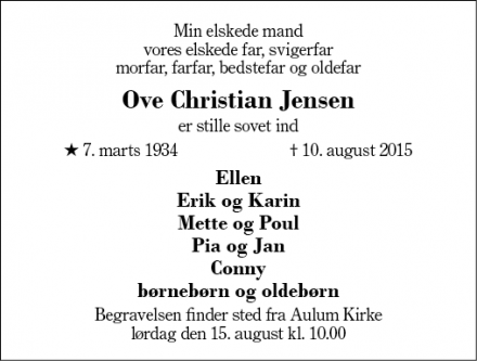 Dødsannoncen for Ove Christian Jensen - Aulum