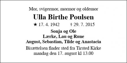 Dødsannoncen for Ulla Birthe Poulsen - Skørringe