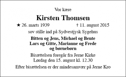 Dødsannoncen for Kirsten Thomsen - Esbjerg