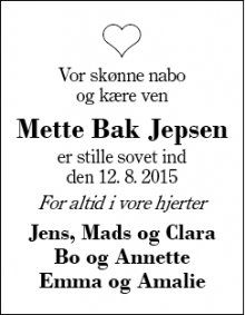 Dødsannoncen for Mette Bak Jepsen - Sunds