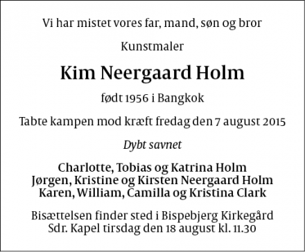 Dødsannoncen for Kim Neergaard Holm - København